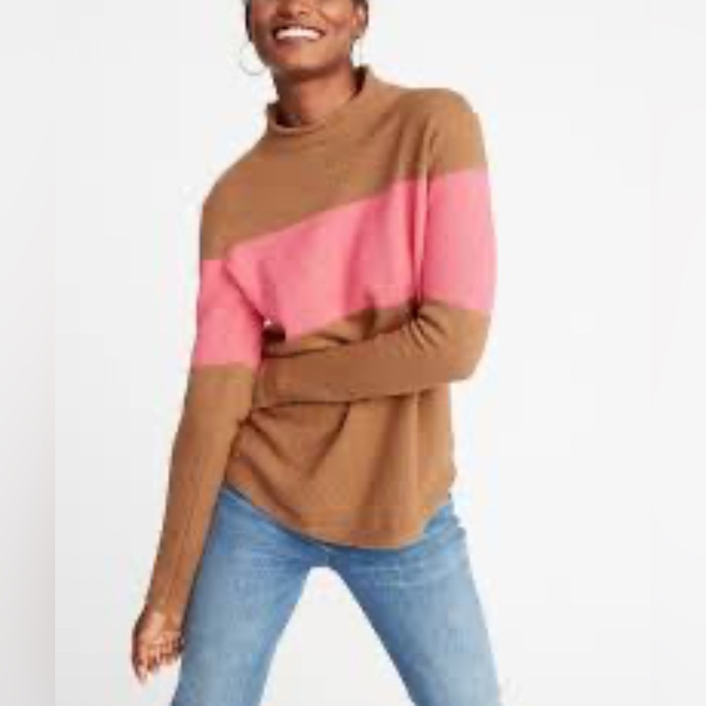 OLD NAVY Pink Tan Mock Neck Sweater Sz Small Cotton Blend Accent Stripe
